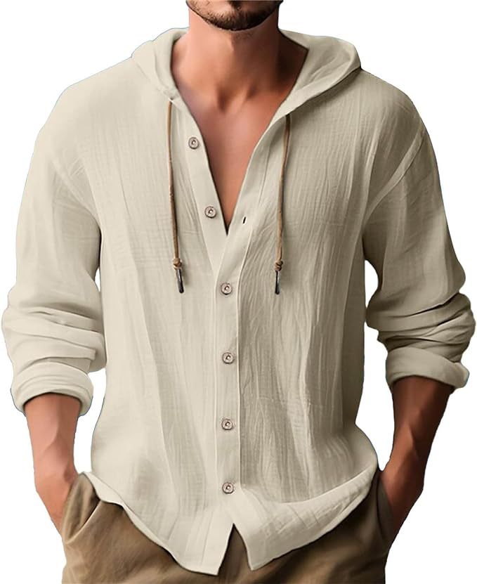Linen Blend Men's Long Sleeve Hooded T-Shirt Casual Top NDF-00023