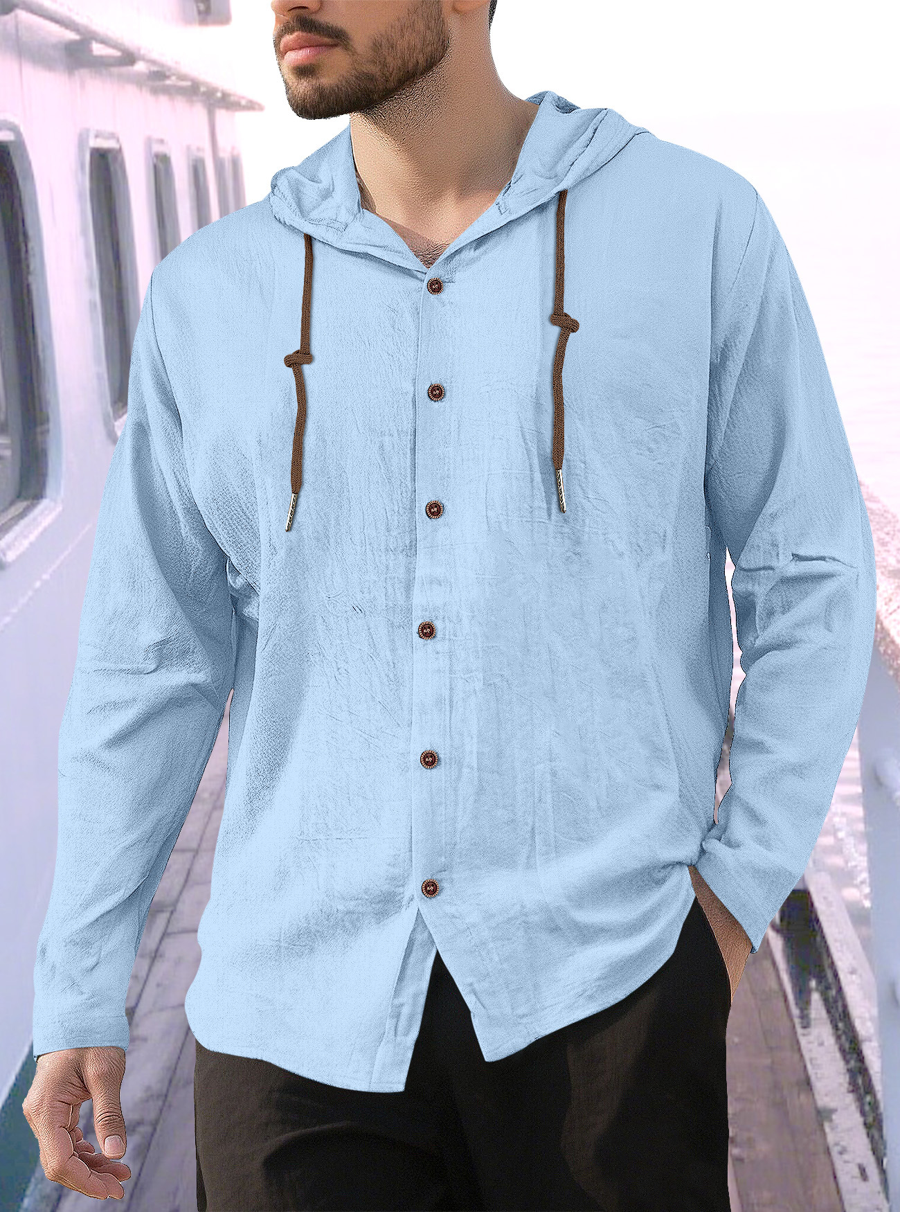 Linen Blend Men's Long Sleeve Hooded T-Shirt Casual Top NDF-00023