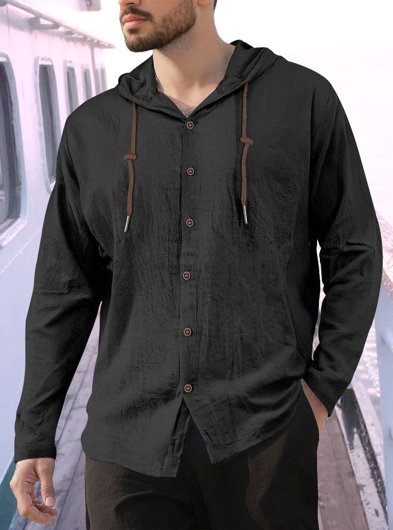 Linen Blend Men's Long Sleeve Hooded T-Shirt Casual Top NDF-00023