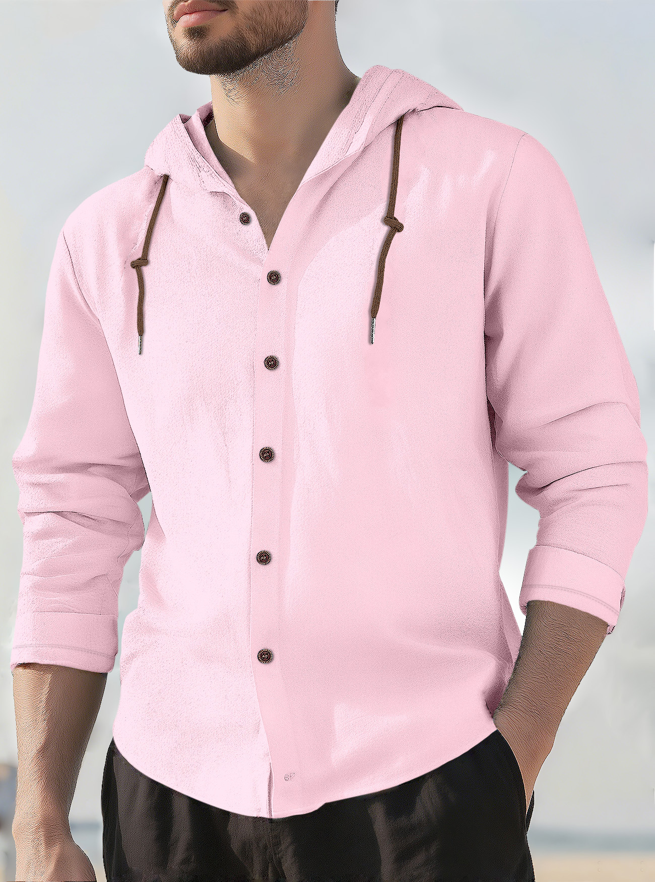 Linen Blend Men's Long Sleeve Hooded T-Shirt Casual Top NDF-00023