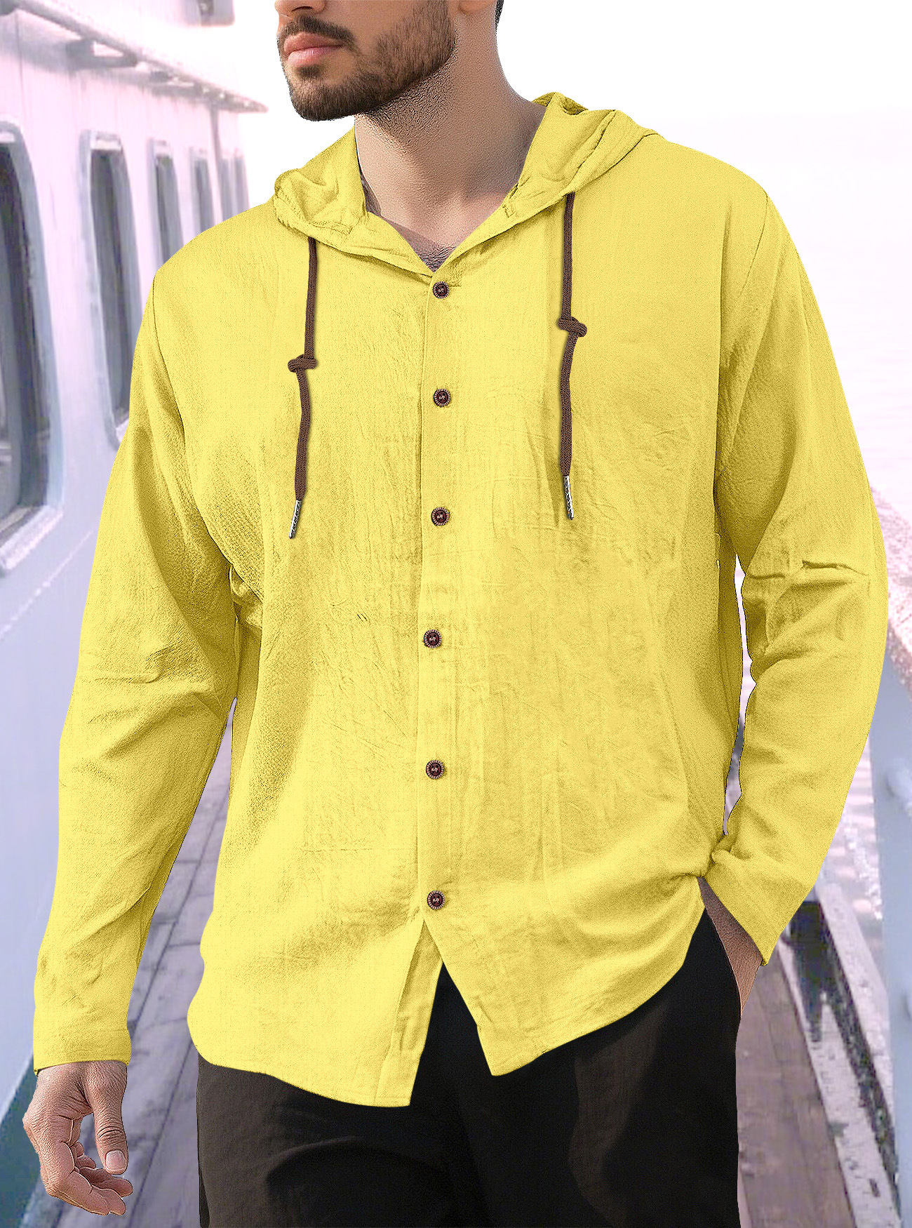 Linen Blend Men's Long Sleeve Hooded T-Shirt Casual Top NDF-00023