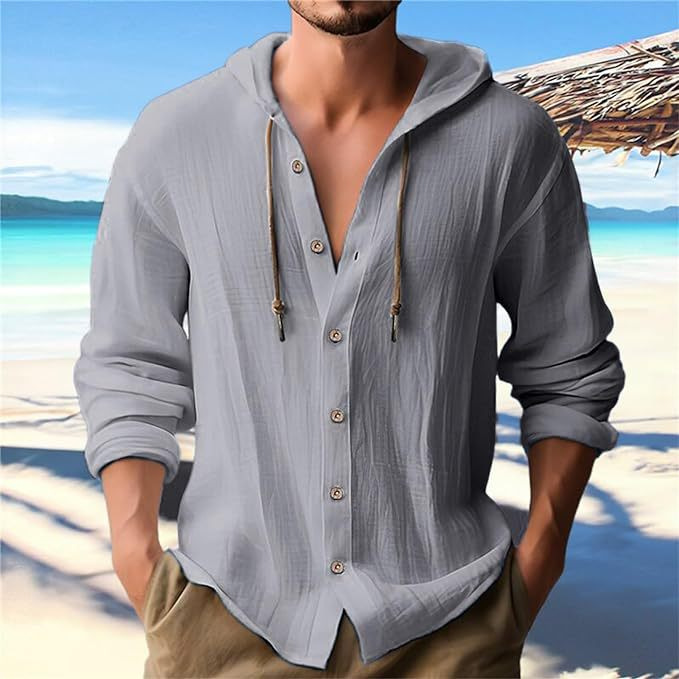 Linen Blend Men's Long Sleeve Hooded T-Shirt Casual Top NDF-00023