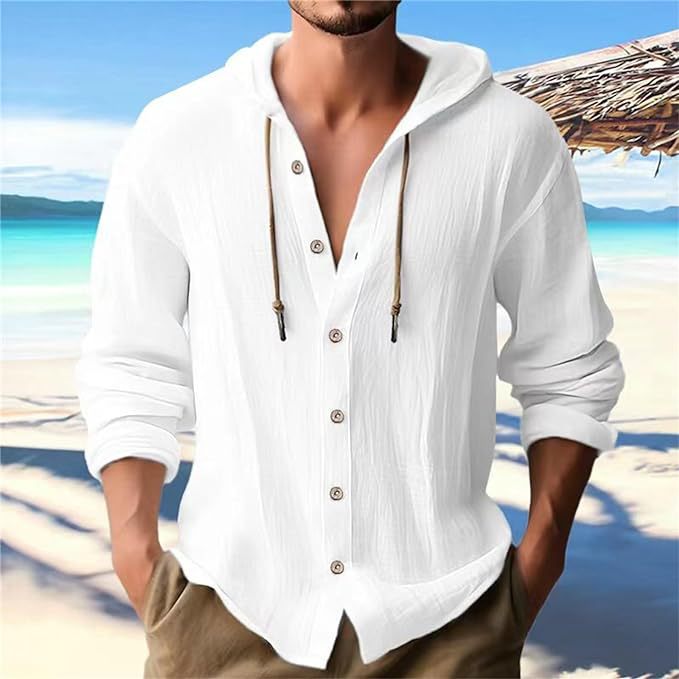 Linen Blend Men's Long Sleeve Hooded T-Shirt Casual Top NDF-00023