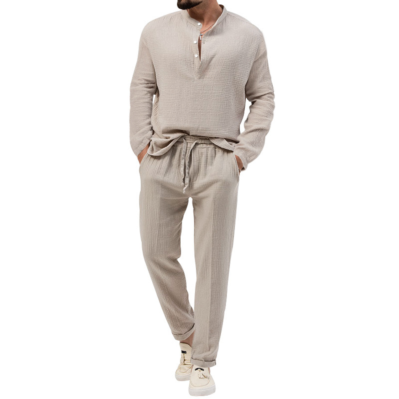 Men's Solid Color Casual Long Sleeve T-Shirt & Pants Set NDF-00067