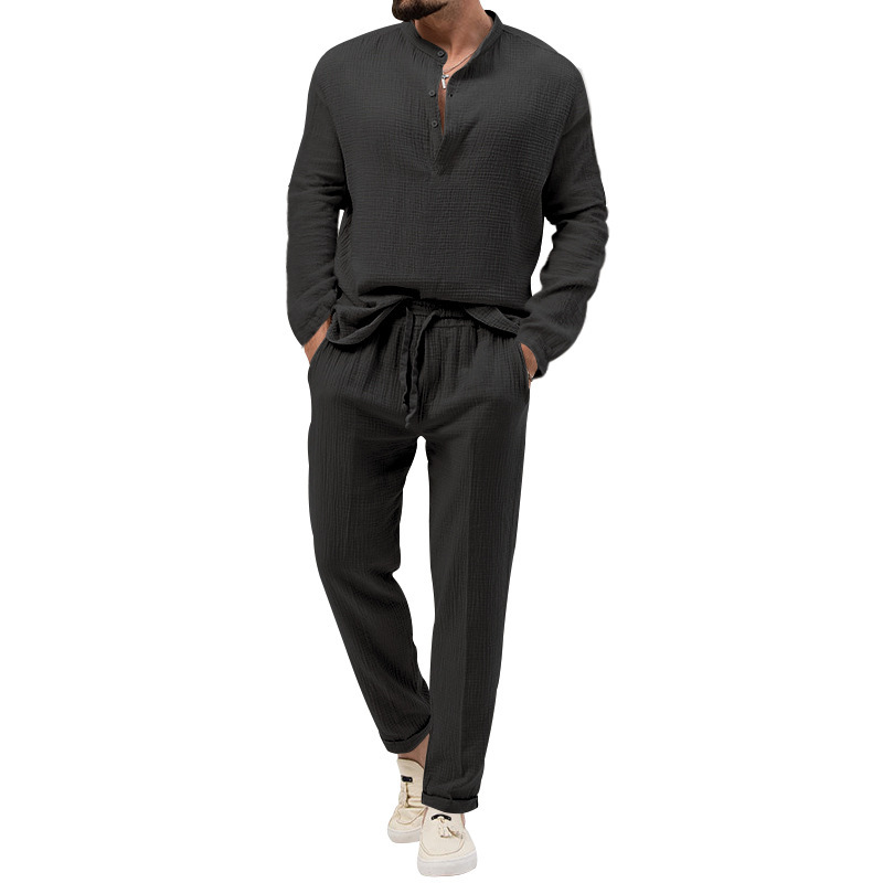 Men's Solid Color Casual Long Sleeve T-Shirt & Pants Set NDF-00067