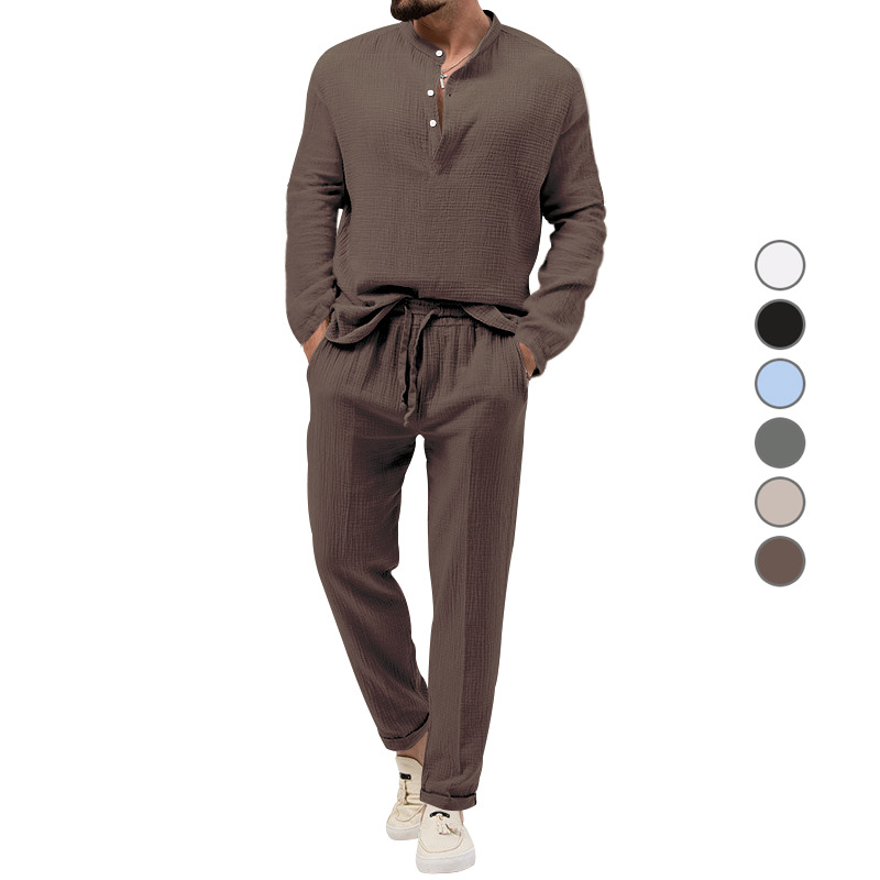 Men's Solid Color Casual Long Sleeve T-Shirt & Pants Set NDF-00067
