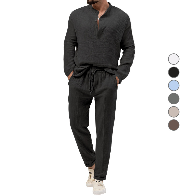 Men's Solid Color Casual Long Sleeve T-Shirt & Pants Set NDF-00067