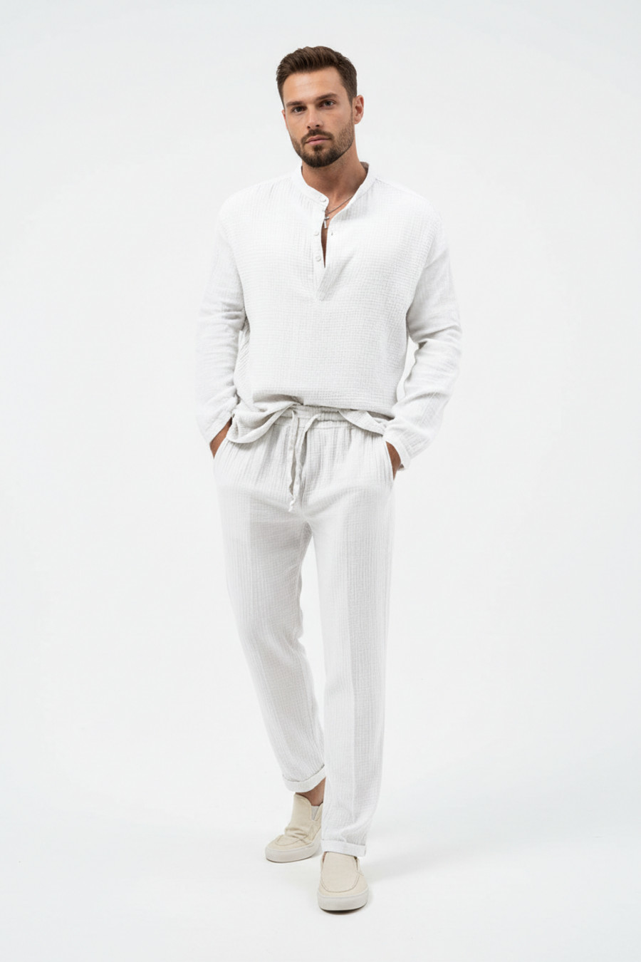 Men's Solid Color Casual Long Sleeve T-Shirt & Pants Set NDF-00067