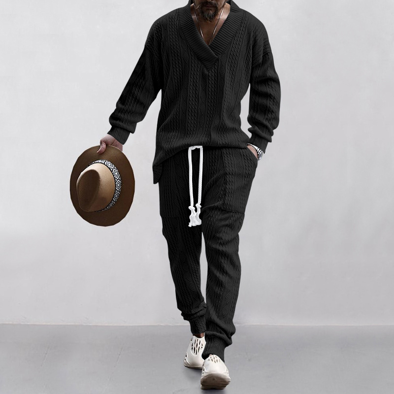 Men's V-Neck Knitted Sweater & Pants Set - Casual Fashion Spring/Autumn NDF-00068