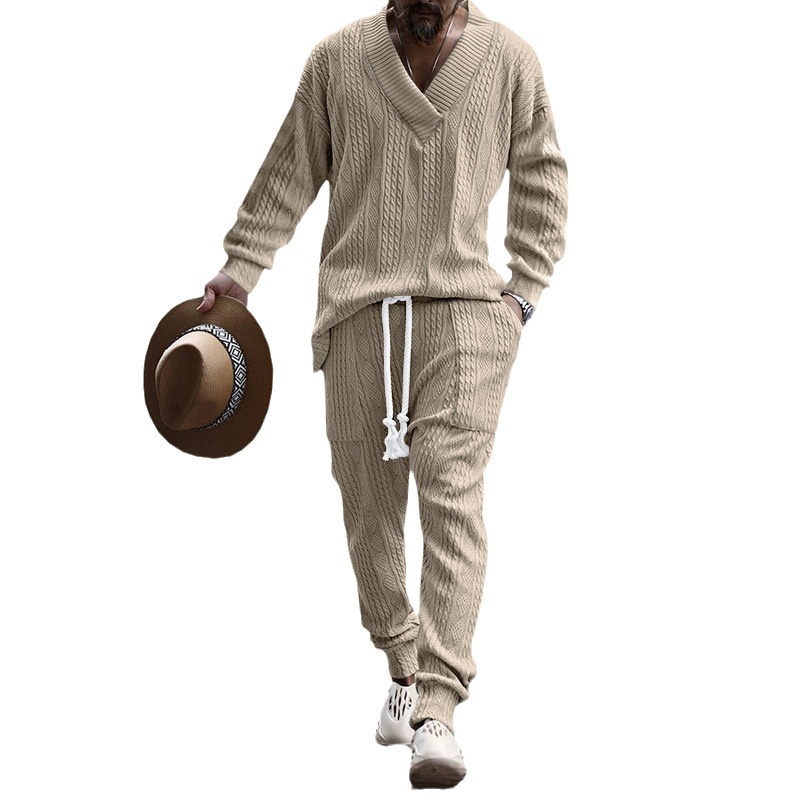 Men's V-Neck Knitted Sweater & Pants Set - Casual Fashion Spring/Autumn NDF-00068