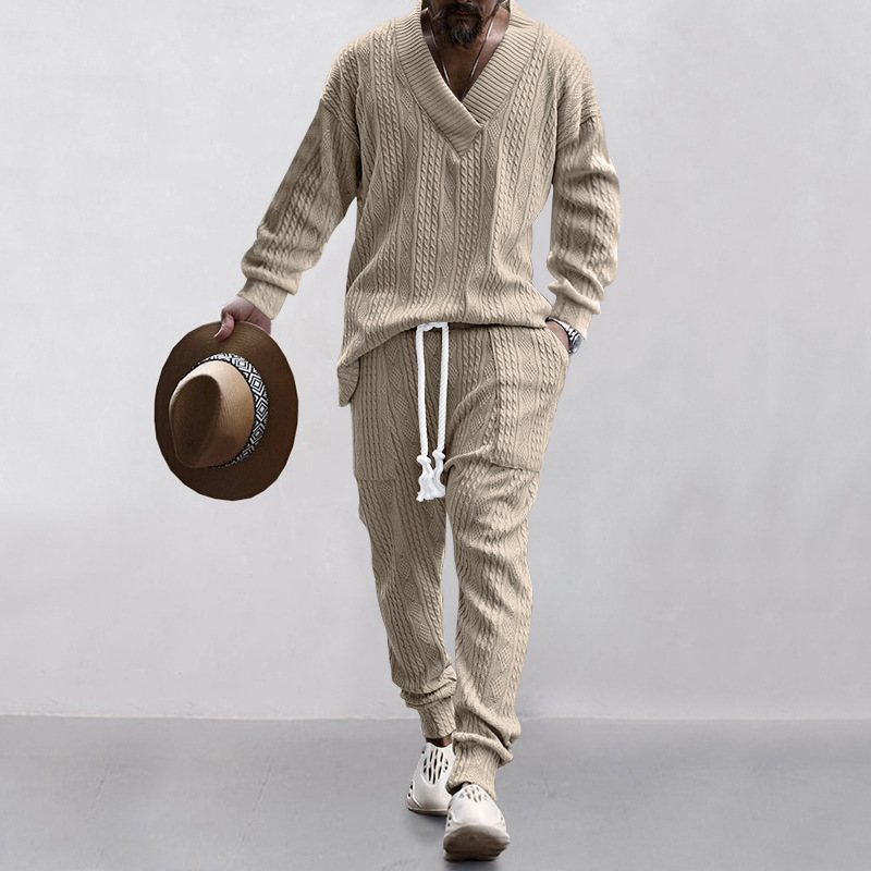 Men's V-Neck Knitted Sweater & Pants Set - Casual Fashion Spring/Autumn NDF-00068