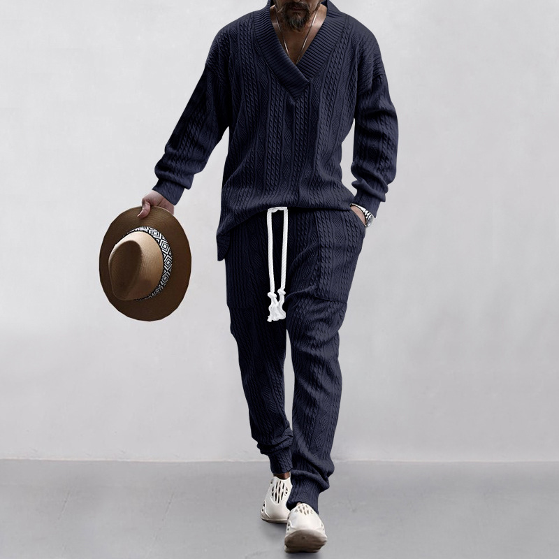 Men's V-Neck Knitted Sweater & Pants Set - Casual Fashion Spring/Autumn NDF-00068