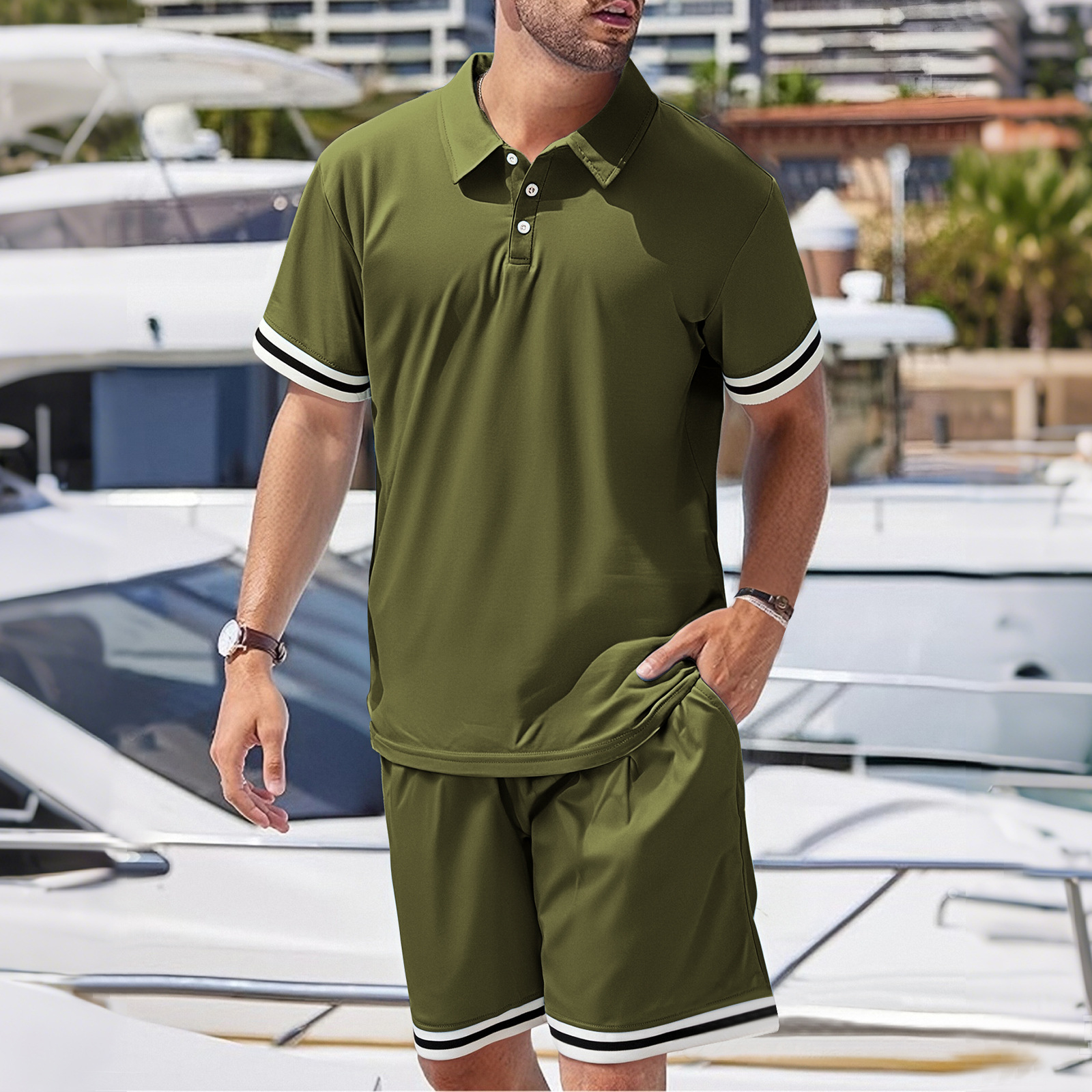Cotton Men's Summer Casual Outfit Lapel Short Sleeve Shorts Set NDF-00069