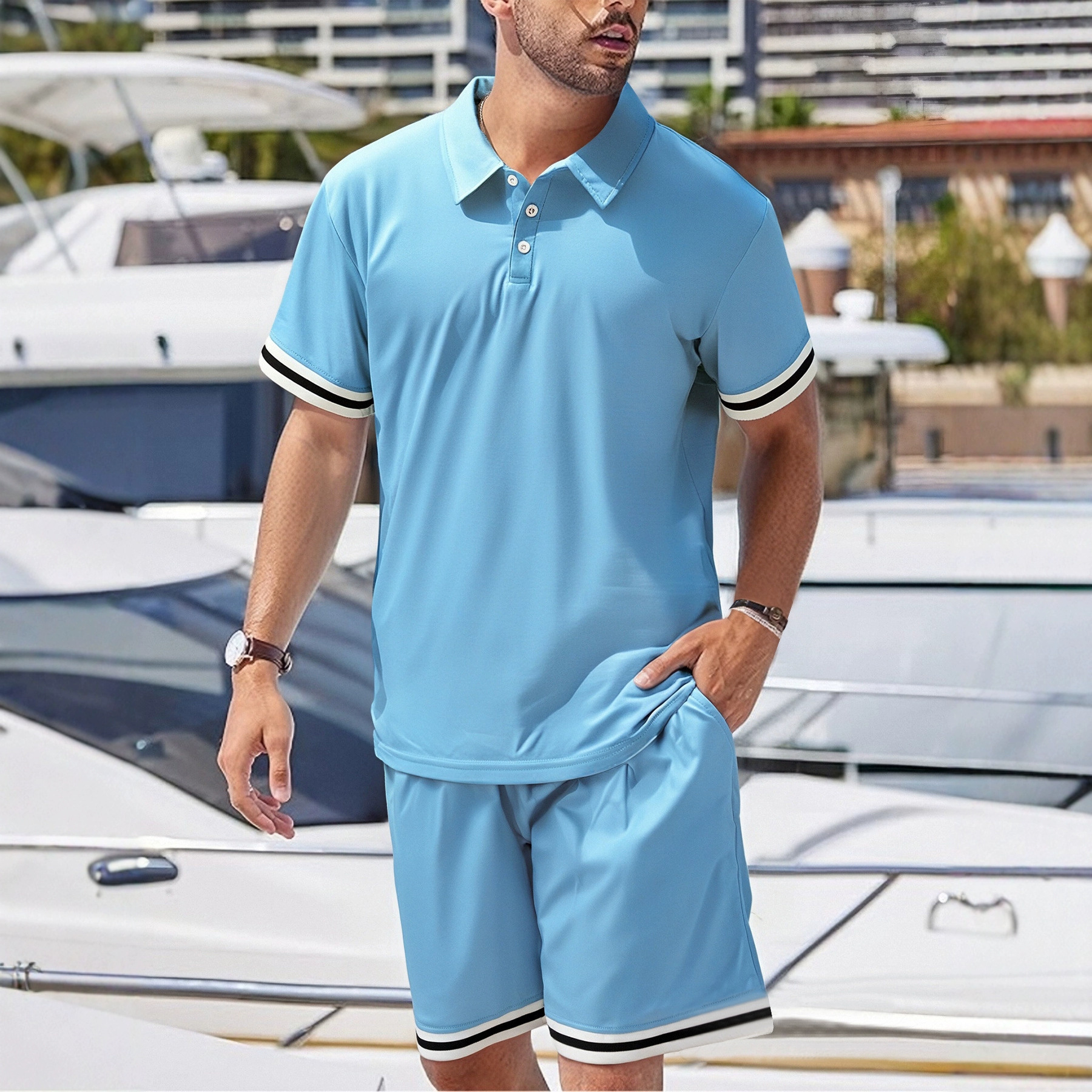 Cotton Men's Summer Casual Outfit Lapel Short Sleeve Shorts Set NDF-00069