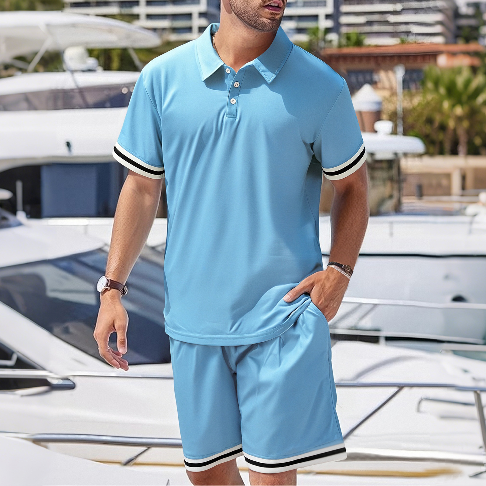 Cotton Men's Summer Casual Outfit Lapel Short Sleeve Shorts Set NDF-00069
