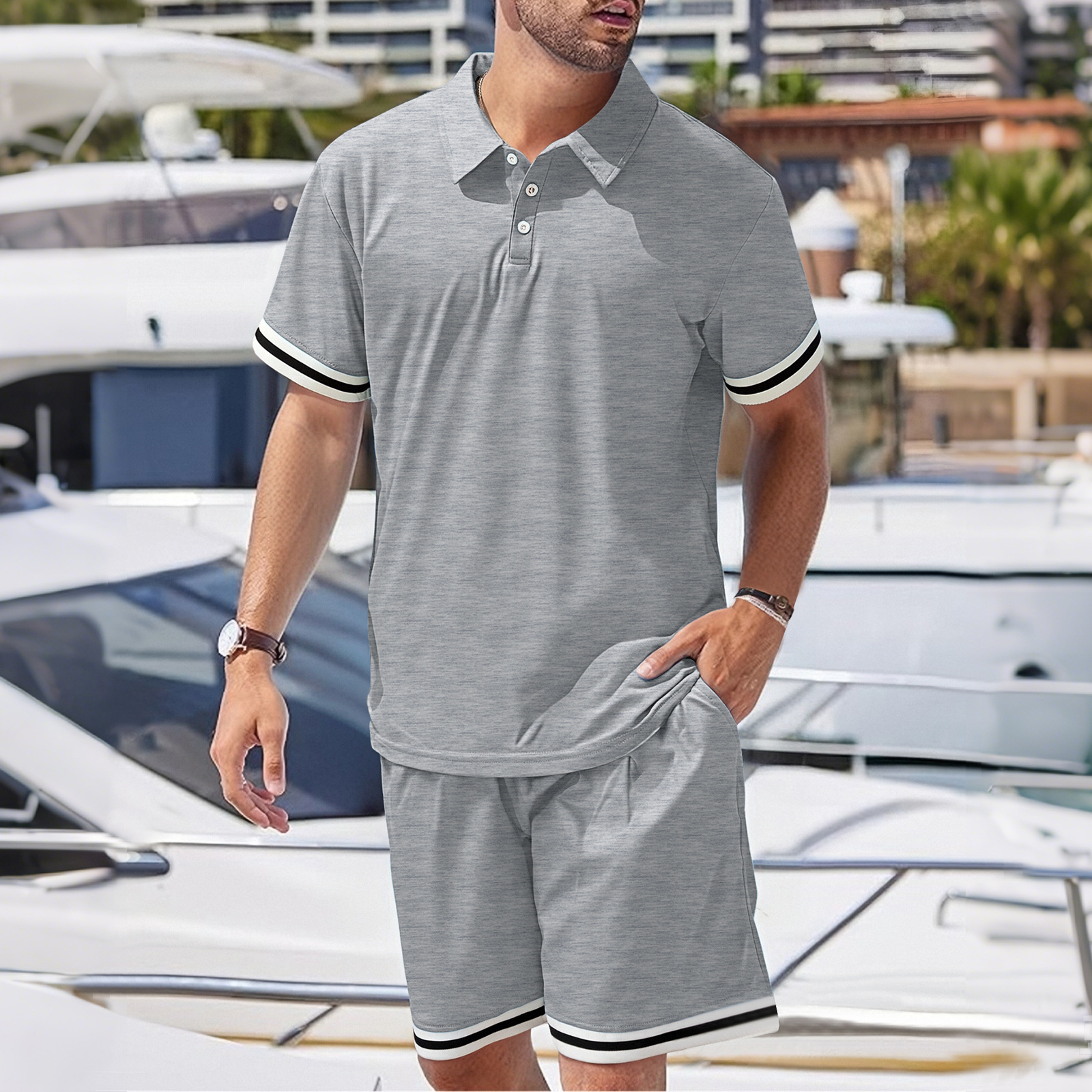 Cotton Men's Summer Casual Outfit Lapel Short Sleeve Shorts Set NDF-00069