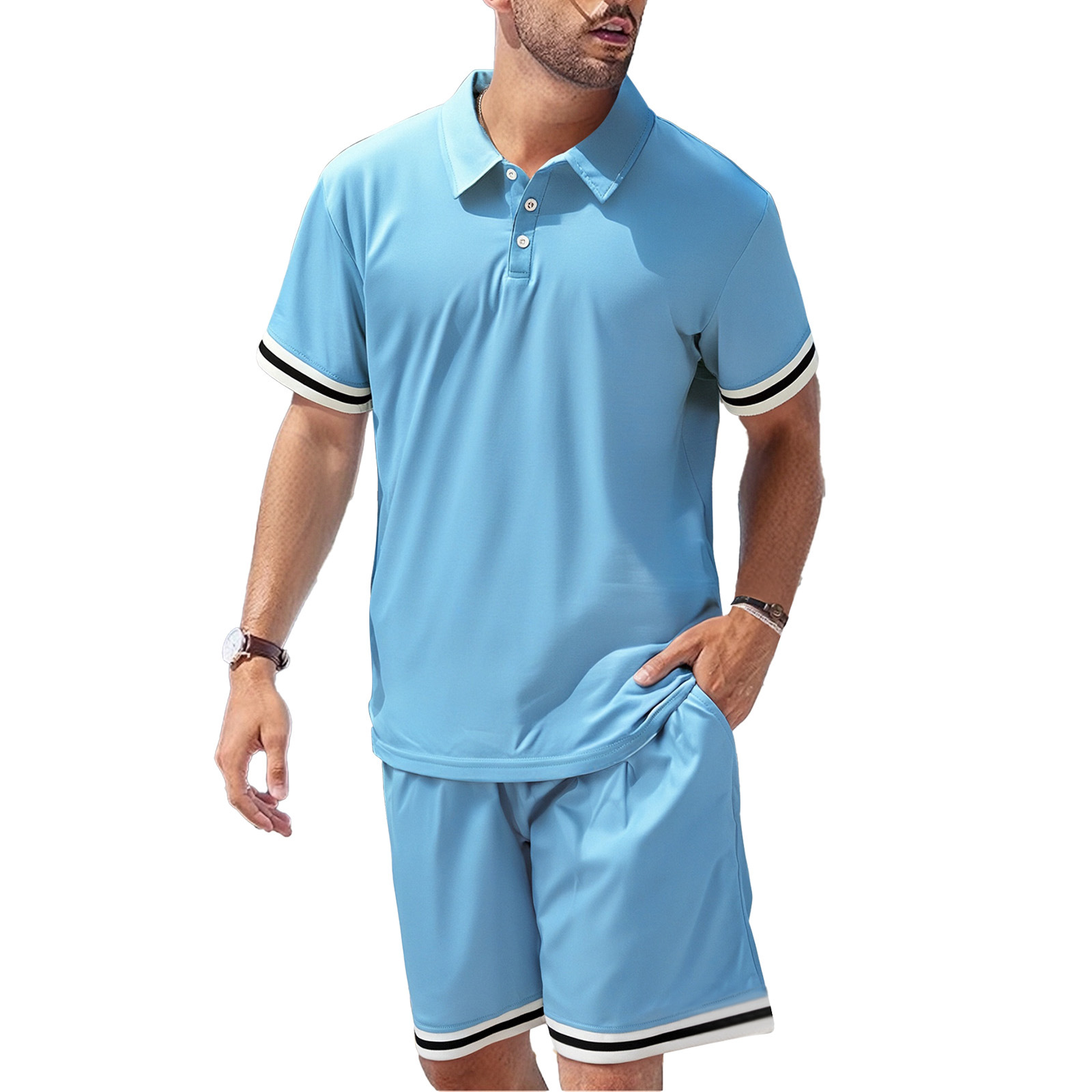Cotton Men's Summer Casual Outfit Lapel Short Sleeve Shorts Set NDF-00069
