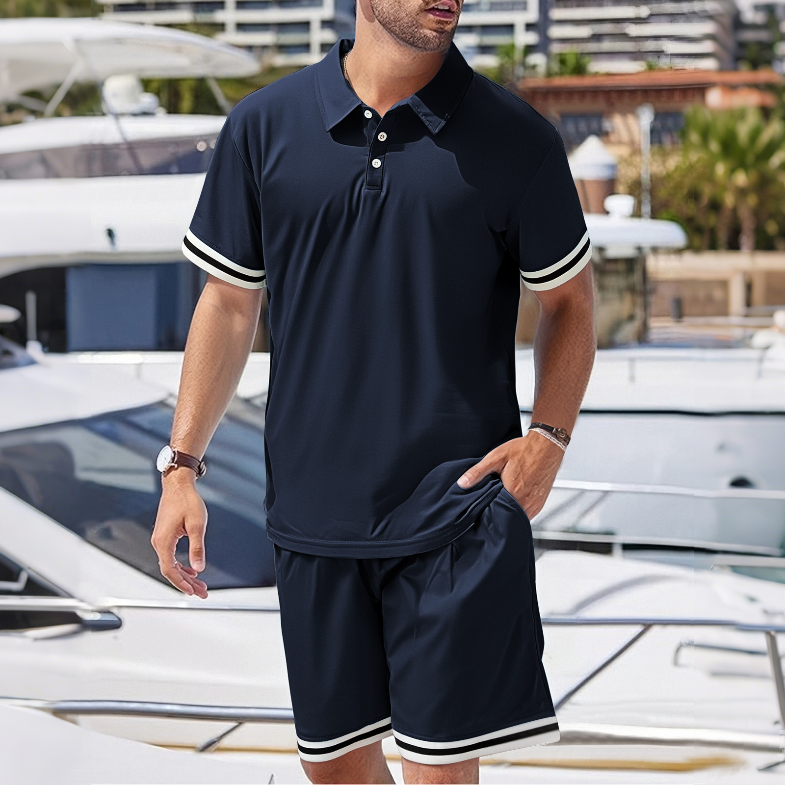 Cotton Men's Summer Casual Outfit Lapel Short Sleeve Shorts Set NDF-00069