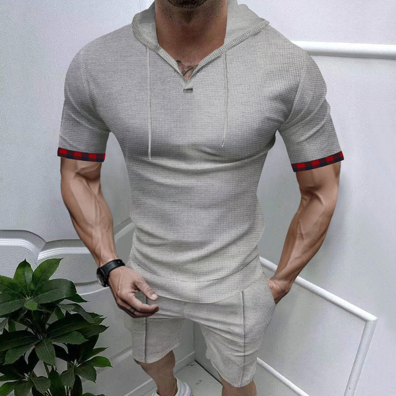Waffle Knit Men's Hoodie Shorts Set - Summer Casual Activewear NDF-00071