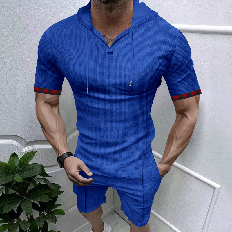 Waffle Knit Men's Hoodie Shorts Set - Summer Casual Activewear NDF-00071