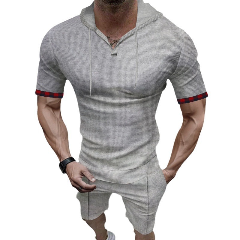Waffle Knit Men's Hoodie Shorts Set - Summer Casual Activewear NDF-00071