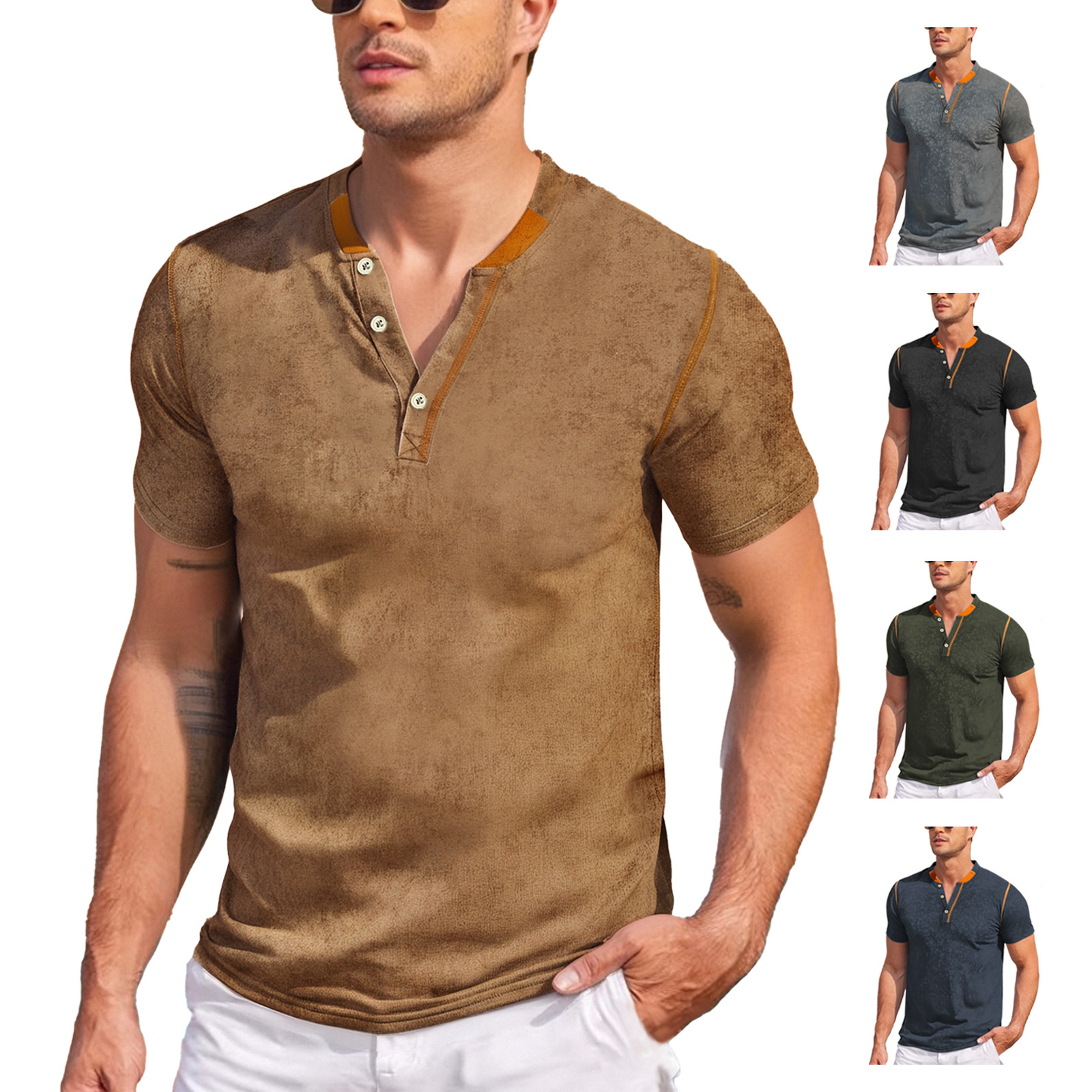 Men's Henley T-Shirt Outdoor Casual V Neck Short Sleeve NDF-00024