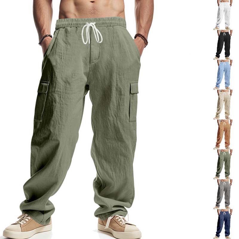 Linen Men's Cargo Pants Loose Fit Breathable Wide Leg NDF-00035
