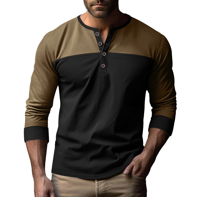 Men's Henley Long Sleeve T-Shirt Vintage Color Block Autumn 2024 NDF-00026
