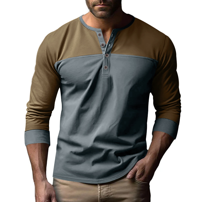 Men's Henley Long Sleeve T-Shirt Vintage Color Block Autumn 2024 NDF-00026
