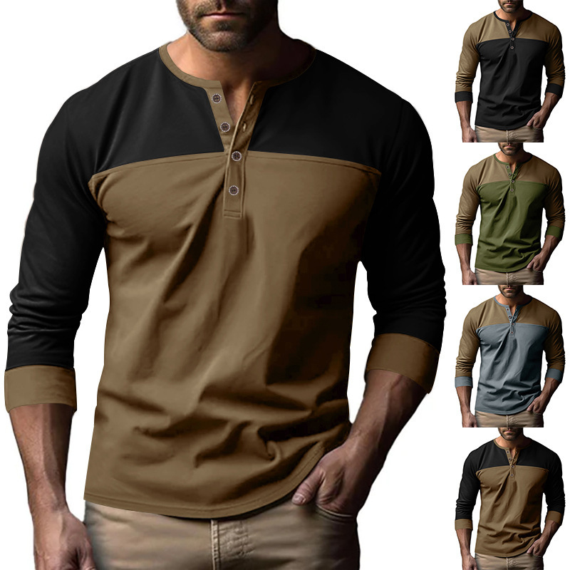 Men's Henley Long Sleeve T-Shirt Vintage Color Block Autumn 2024 NDF-00026