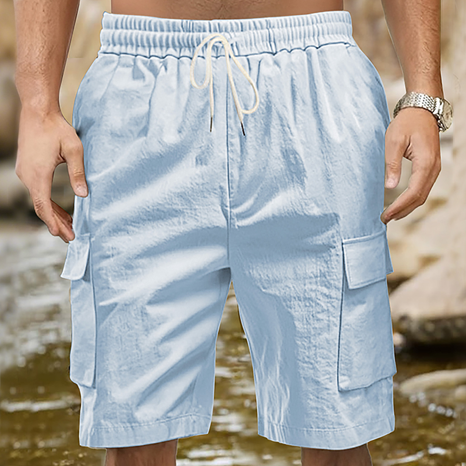 Linen Cargo Shorts Men's Outdoor Relaxed Fit Multi-Pocket NDF-00013