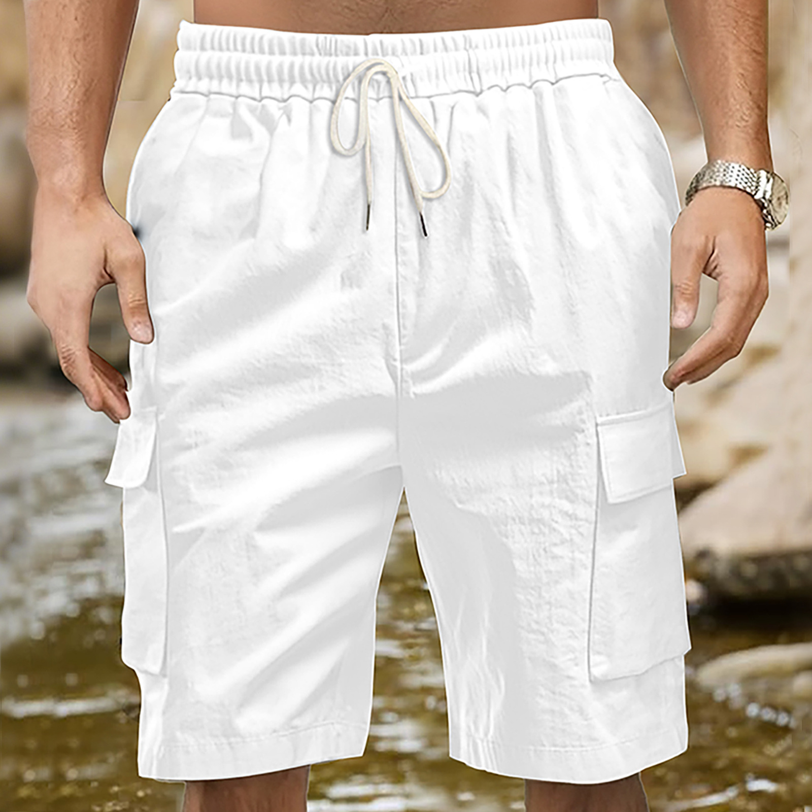 Linen Cargo Shorts Men's Outdoor Relaxed Fit Multi-Pocket NDF-00013