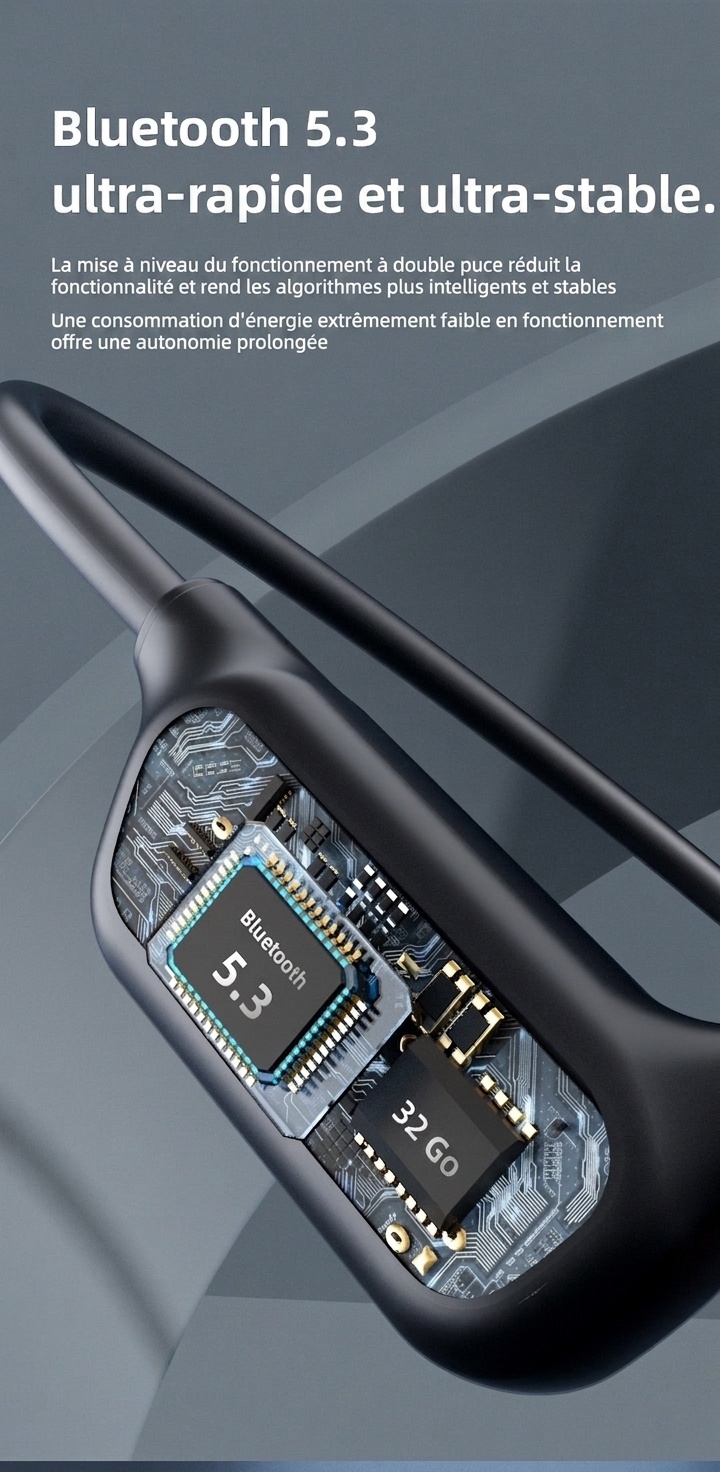 Écouteurs à conduction osseuse étanches avec lecteur MP3 32 Go et Bluetooth 5.3