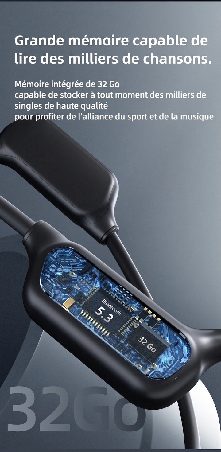 Écouteurs à conduction osseuse étanches avec lecteur MP3 32 Go et Bluetooth 5.3