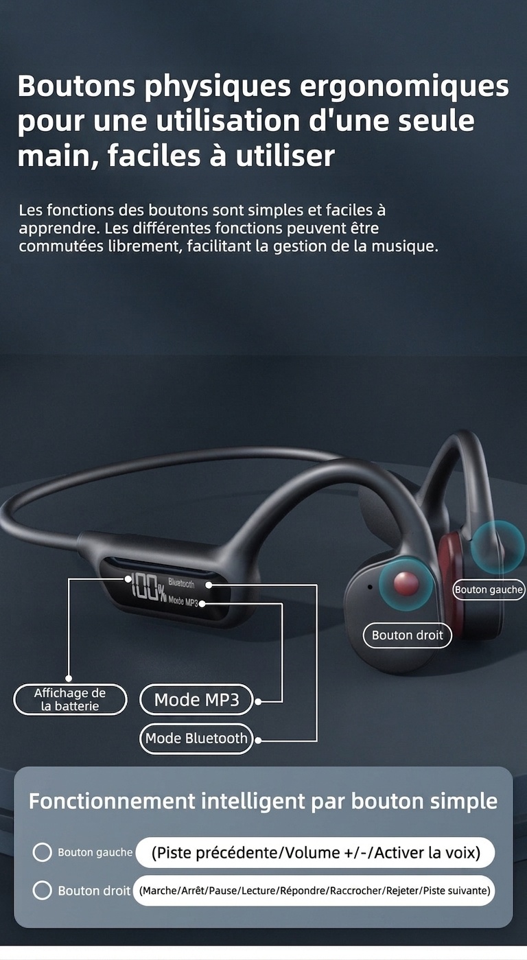 Écouteurs à conduction osseuse étanches avec lecteur MP3 32 Go et Bluetooth 5.3
