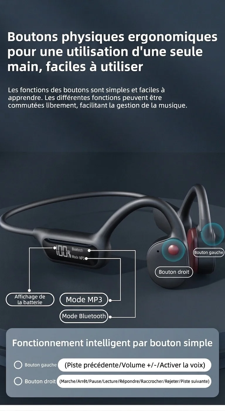 Écouteurs à conduction osseuse étanches avec lecteur MP3 32 Go et Bluetooth 5.3