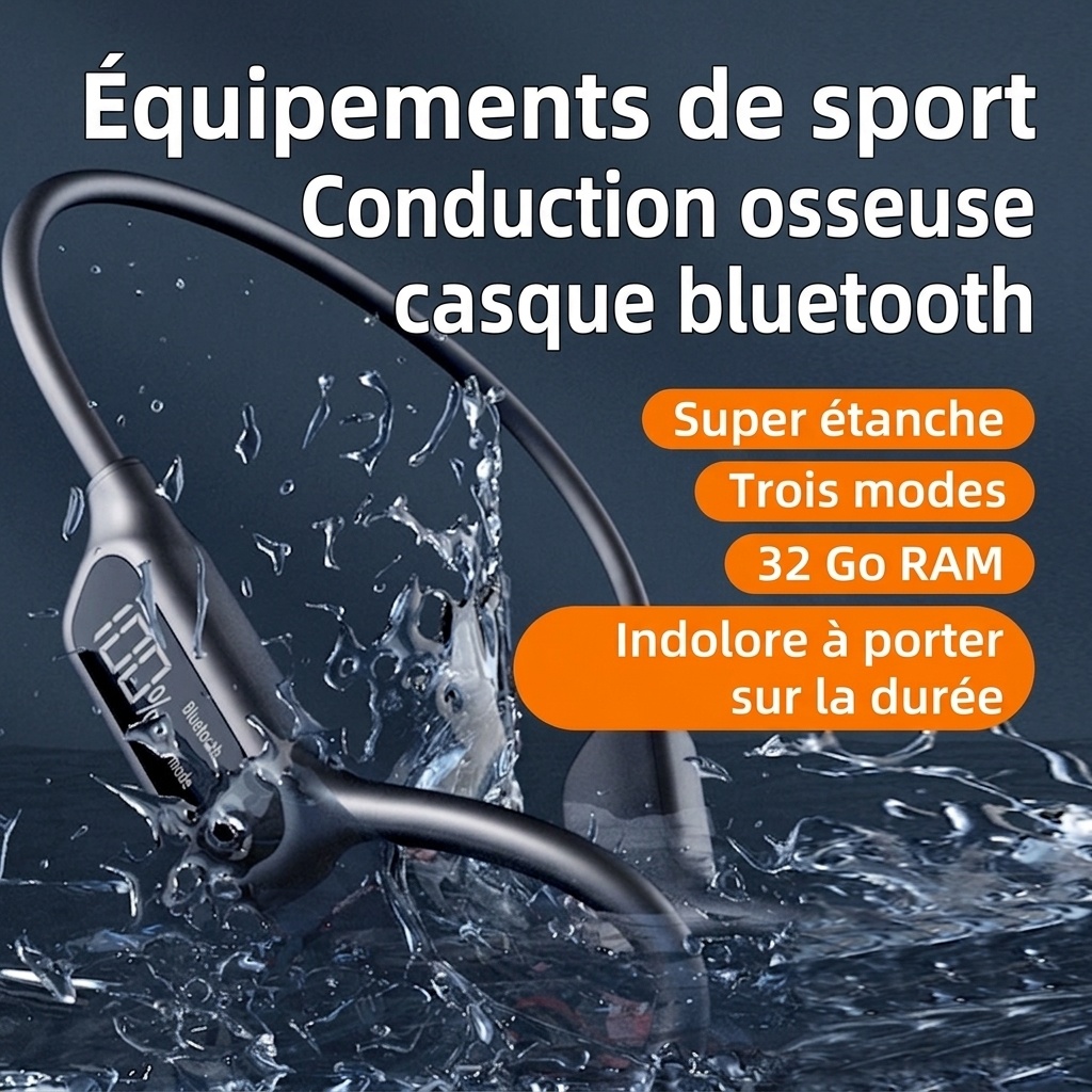 Écouteurs à conduction osseuse étanches avec lecteur MP3 32 Go et Bluetooth 5.3