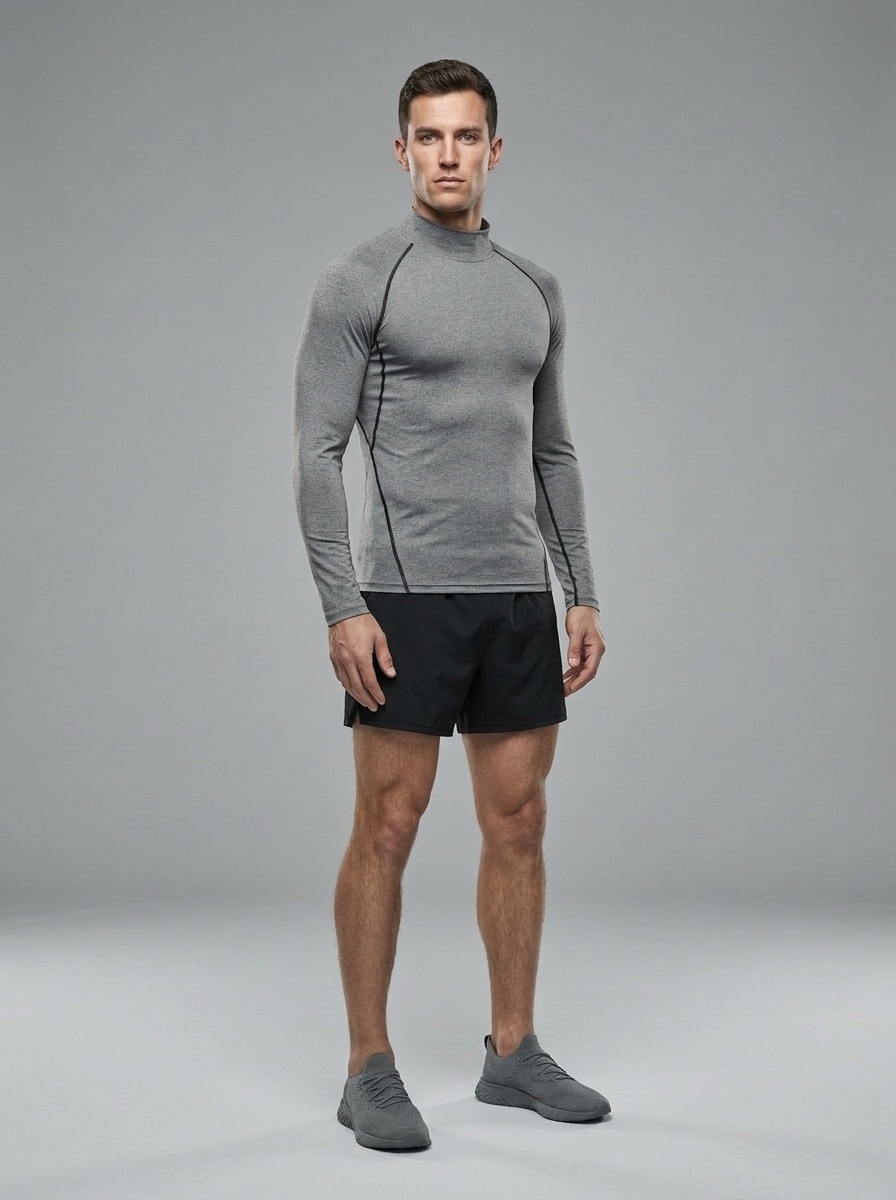 High Neck Base Layer with Reflective Details for Men: High Elasticity Quick-Drying Training Long Sleeves T-Shirt