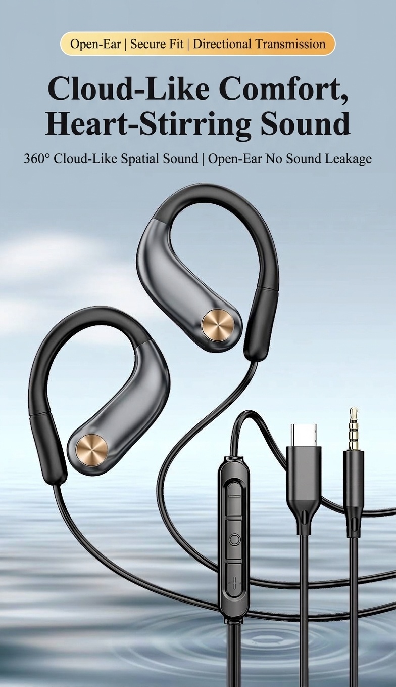 Open-Ear Wired Sport Headphones with Secure Ear Hooks, 10mm Drivers, 3.5mm / USB-C