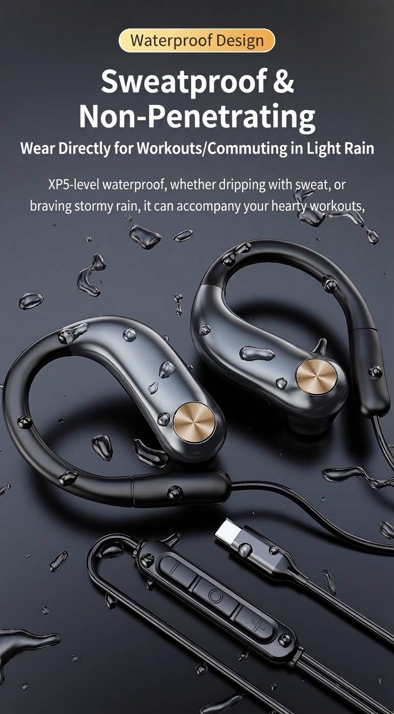 Open-Ear Wired Sport Headphones with Secure Ear Hooks, 10mm Drivers, 3.5mm / USB-C
