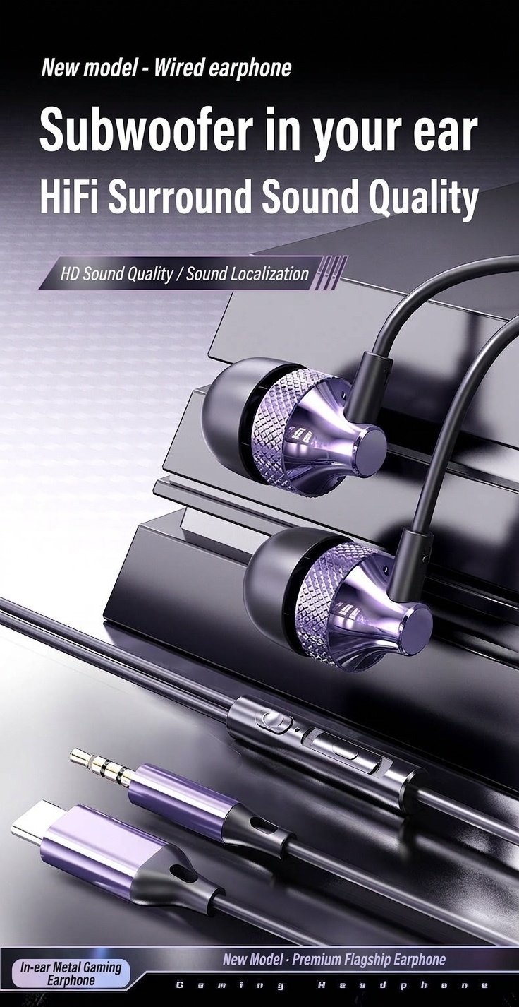 Wired In-Ear Gaming Earbuds with In-Line Mic, 10mm Deep Bass Drivers, 3.5mm / USB-C
