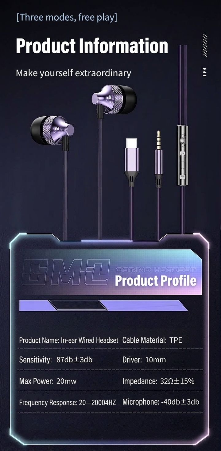 Wired In-Ear Gaming Earbuds with In-Line Mic, 10mm Deep Bass Drivers, 3.5mm / USB-C