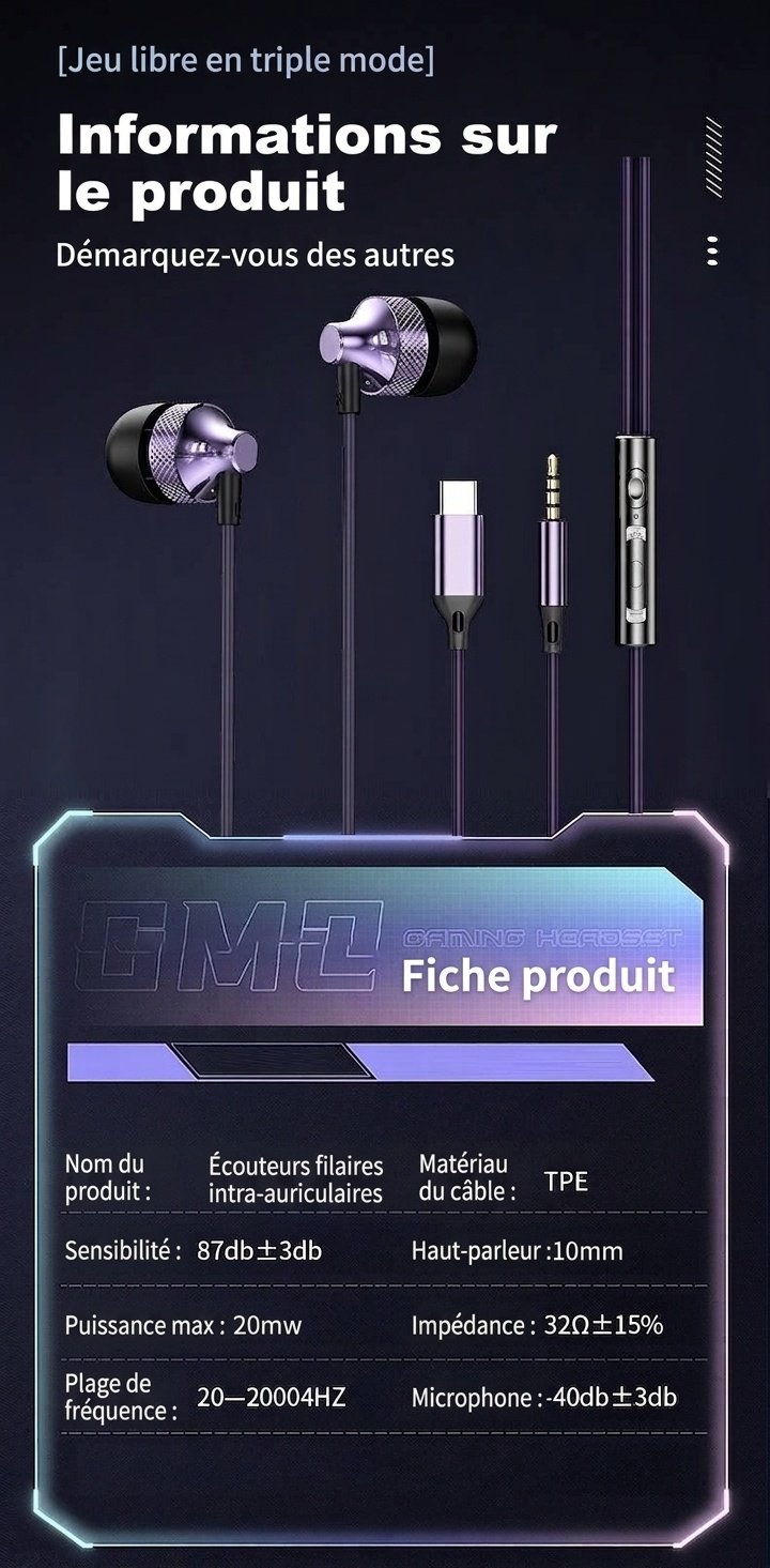 Wired In-Ear Gaming Earbuds with In-Line Mic, 10mm Deep Bass Drivers, 3.5mm / USB-C