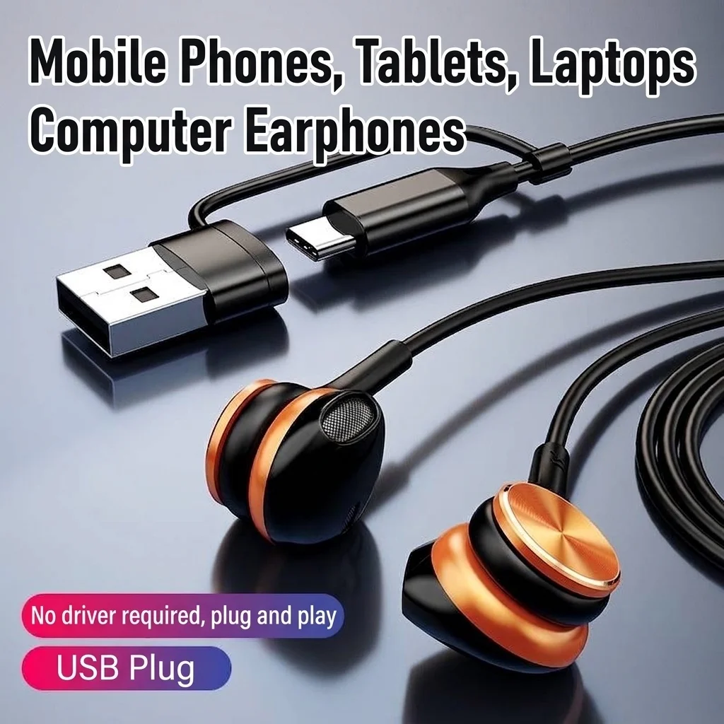 Wired Semi In-Ear Gaming Earbuds with Mic, 14.2mm Drivers, Dual USB-C & USB-A, 6.6ft Cable
