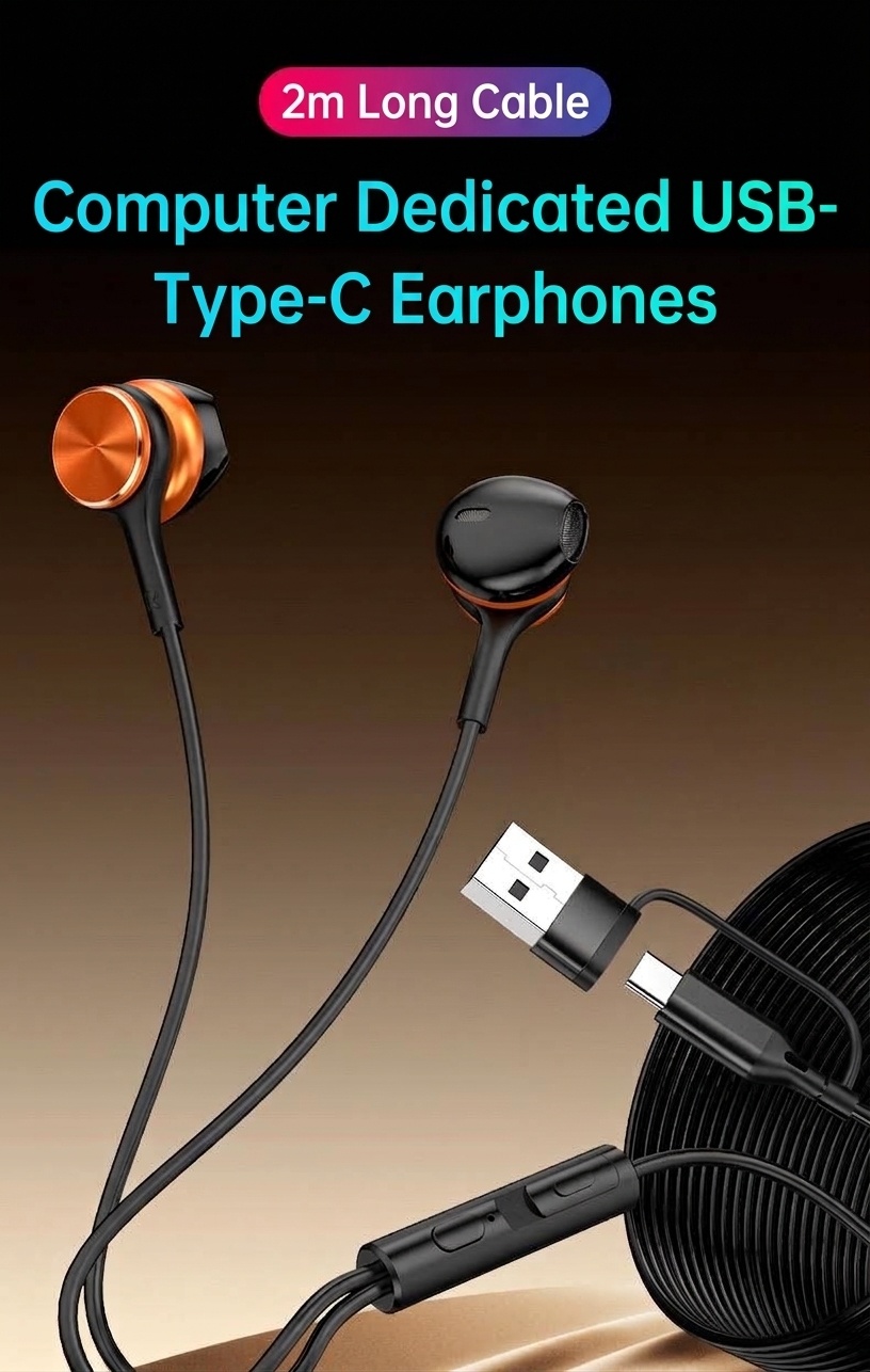Wired Semi In-Ear Gaming Earbuds with Mic, 14.2mm Drivers, Dual USB-C & USB-A, 6.6ft Cable