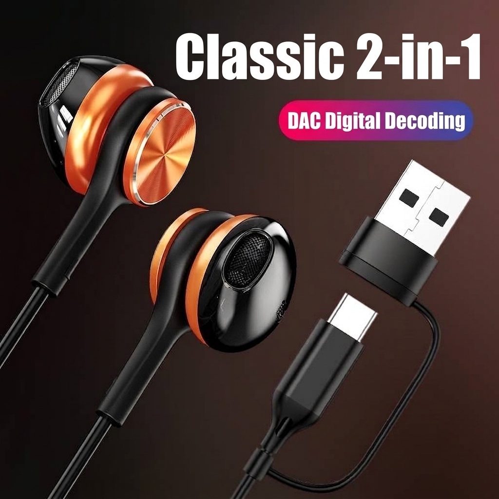 Wired Semi In-Ear Gaming Earbuds with Mic, 14.2mm Drivers, Dual USB-C & USB-A, 6.6ft Cable
