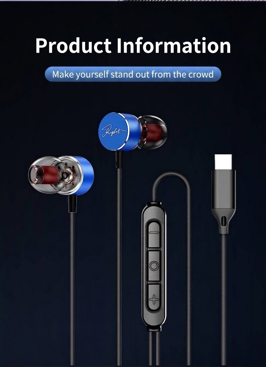 Wired In-Ear Earbuds with In-Line Mic & Volume Control, 10mm Deep Bass Drivers, 3.5mm / USB-C
