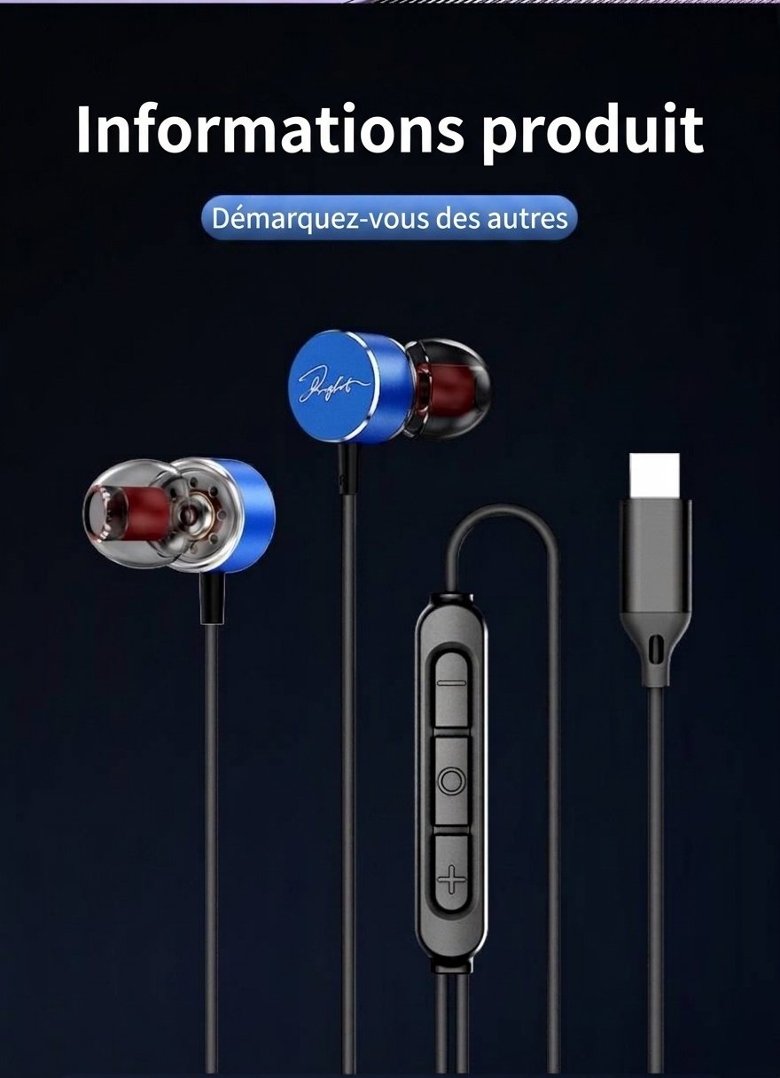 Wired In-Ear Earbuds with In-Line Mic & Volume Control, 10mm Deep Bass Drivers, 3.5mm / USB-C