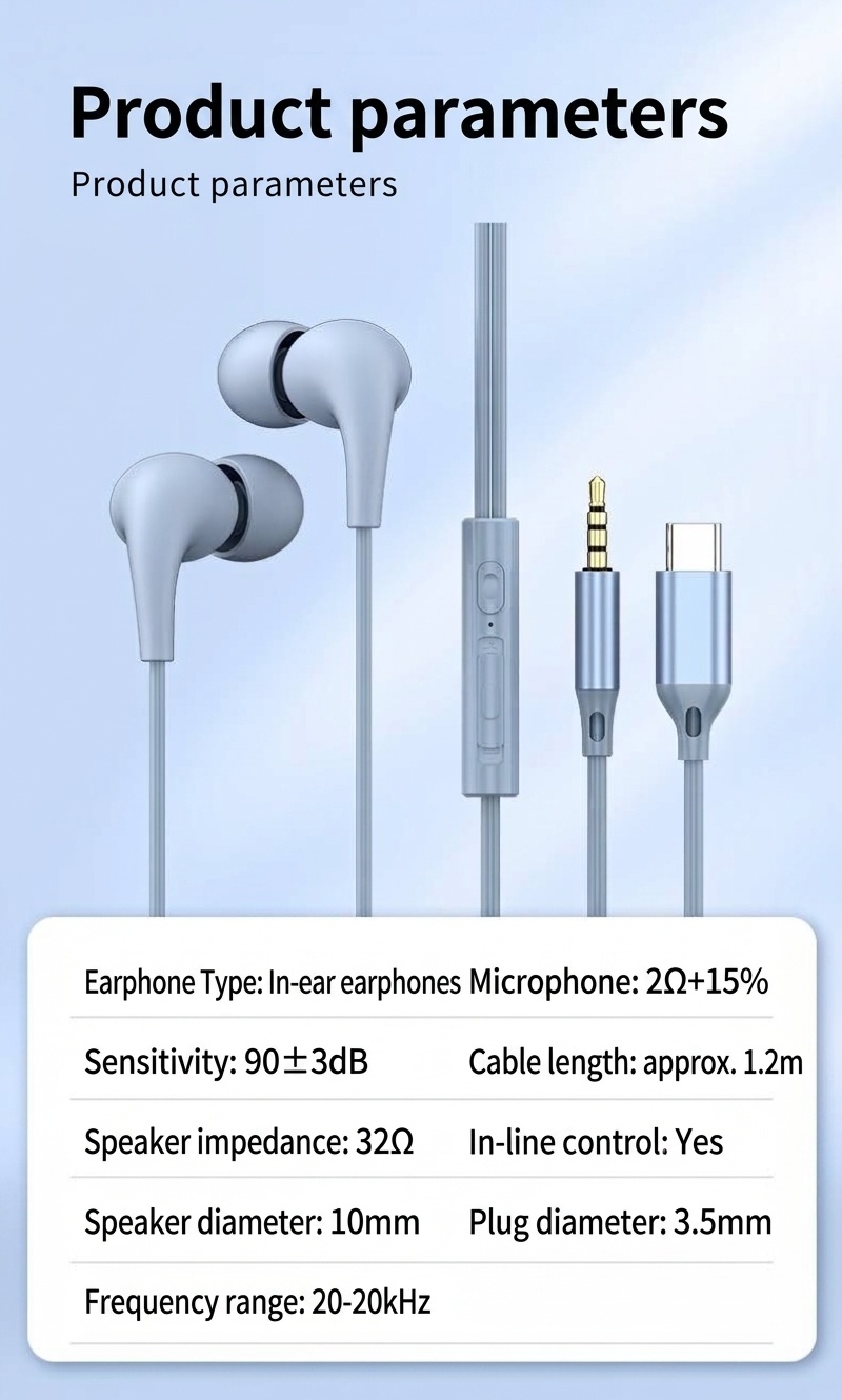Wired In-Ear Stereo Earbuds with In-Line Mic & Volume Control, 10mm Drivers, 3.5mm / USB-C