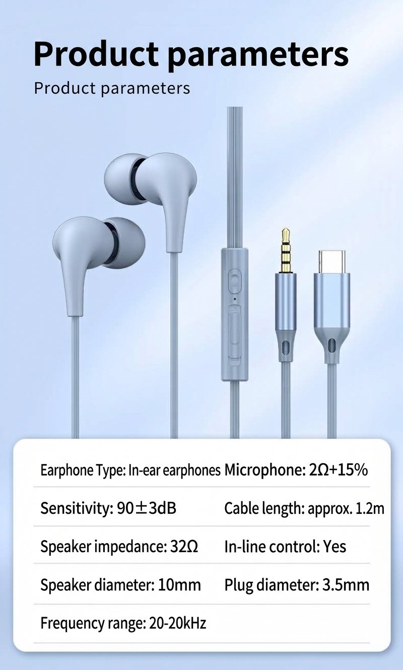 Wired In-Ear Stereo Earbuds with In-Line Mic & Volume Control, 10mm Drivers, 3.5mm / USB-C